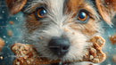 Close-up of Brown and White Puppy Chewing Treat in Snow