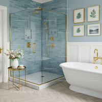 Modern bathroom with gold fixtures and blue tile shower