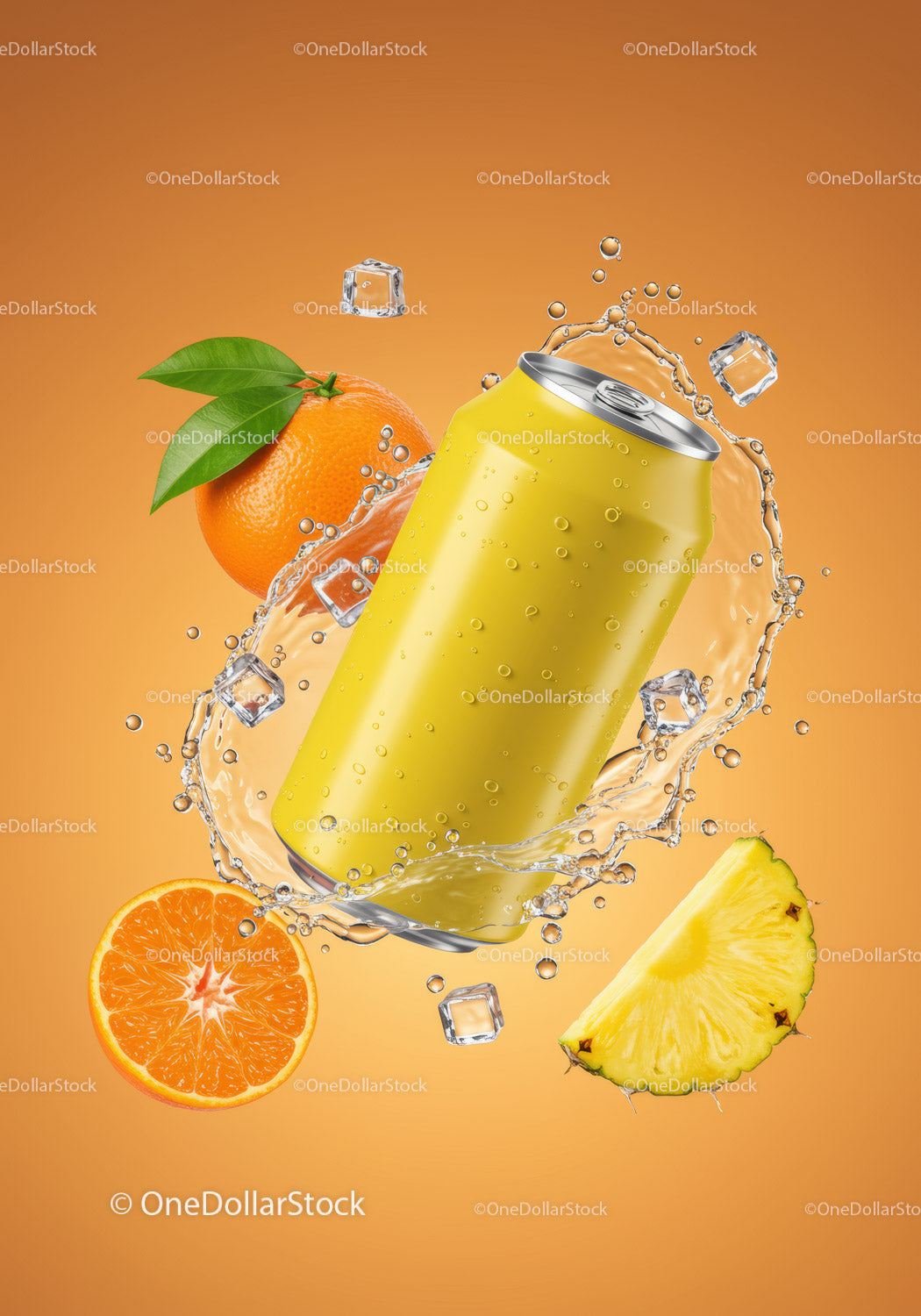 Refreshing citrus beverage can with splashing water
