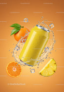 Refreshing citrus beverage can with splashing water