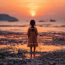 Silhouette of a Child at Sunset by the Ocean Shore