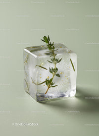 Fresh Herb Suspended Inside Clear Ice Cube on Green