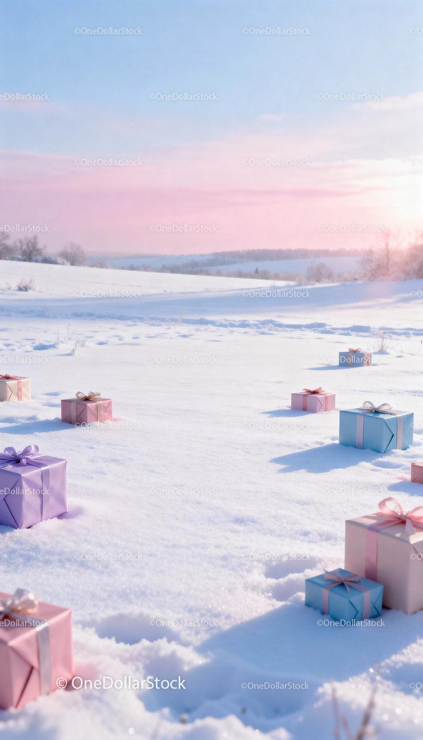 Colorful Gift Boxes Scattered on Snowy Winter Field