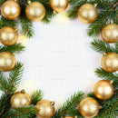 Festive Christmas frame with green pine and gold baubles