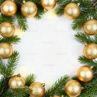 Festive Christmas frame with green pine and gold baubles