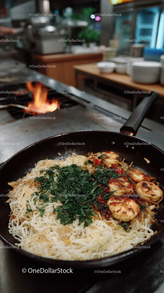 Noodle and Grilled Chicken Pan Cooked with Fresh Greens in Kitchen