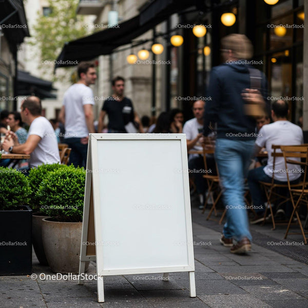 Blank Street Sign Outside Busy Urban Cafe JPG Mockup Image