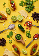 Flat Lay of Fresh Tacos Ingredients on Yellow Background