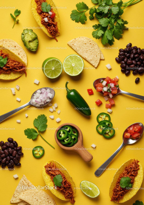 Flat Lay of Fresh Tacos Ingredients on Yellow Background