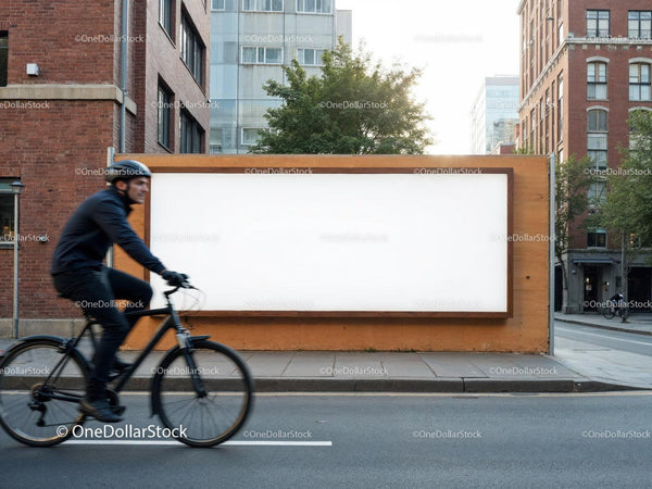 Rowerzysta przejeżdżający obok dużej pustej tablicy reklamowej na świeżym powietrzu