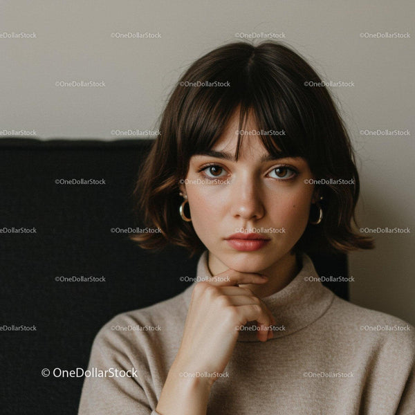 Młoda kobieta o brązowych włosach w swetrze – portret w pomieszczeniu