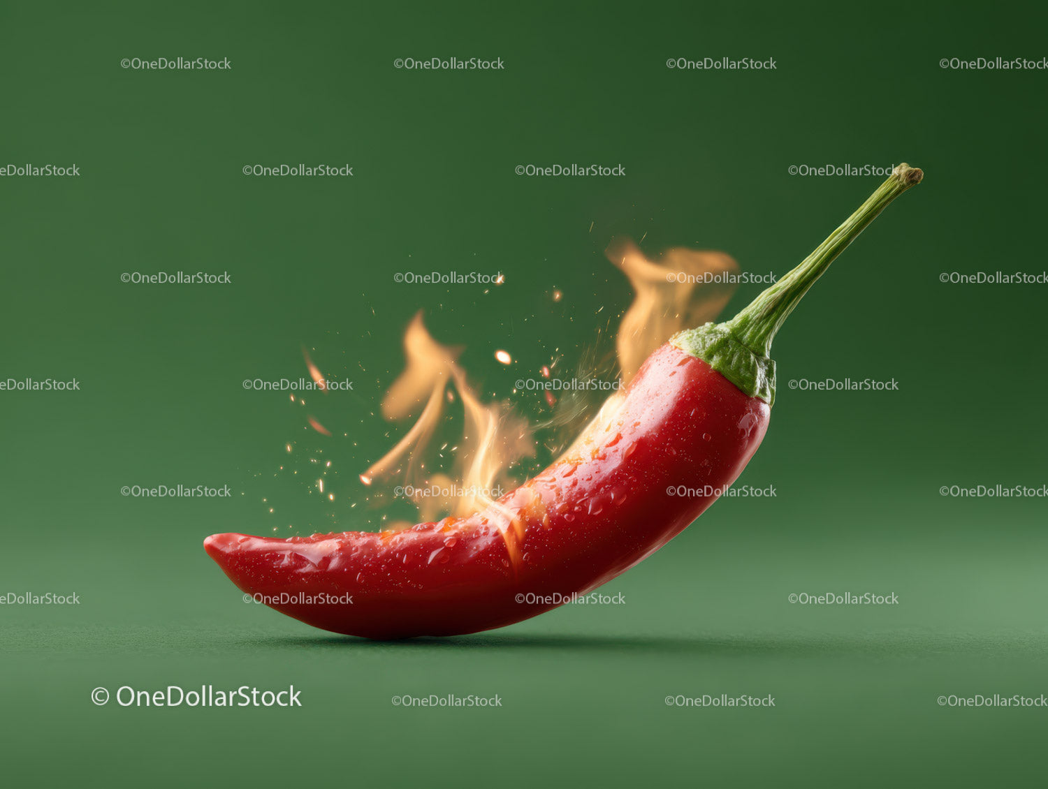 Red Chili Pepper with Flames on Green Background