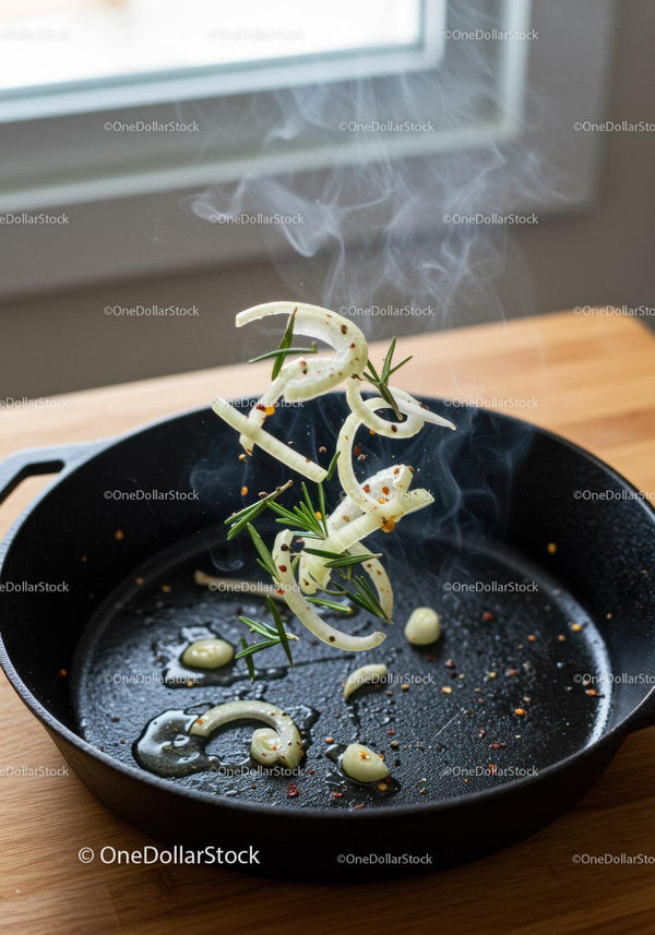 Fresh herbs and onions tossed in a hot cast iron skillet