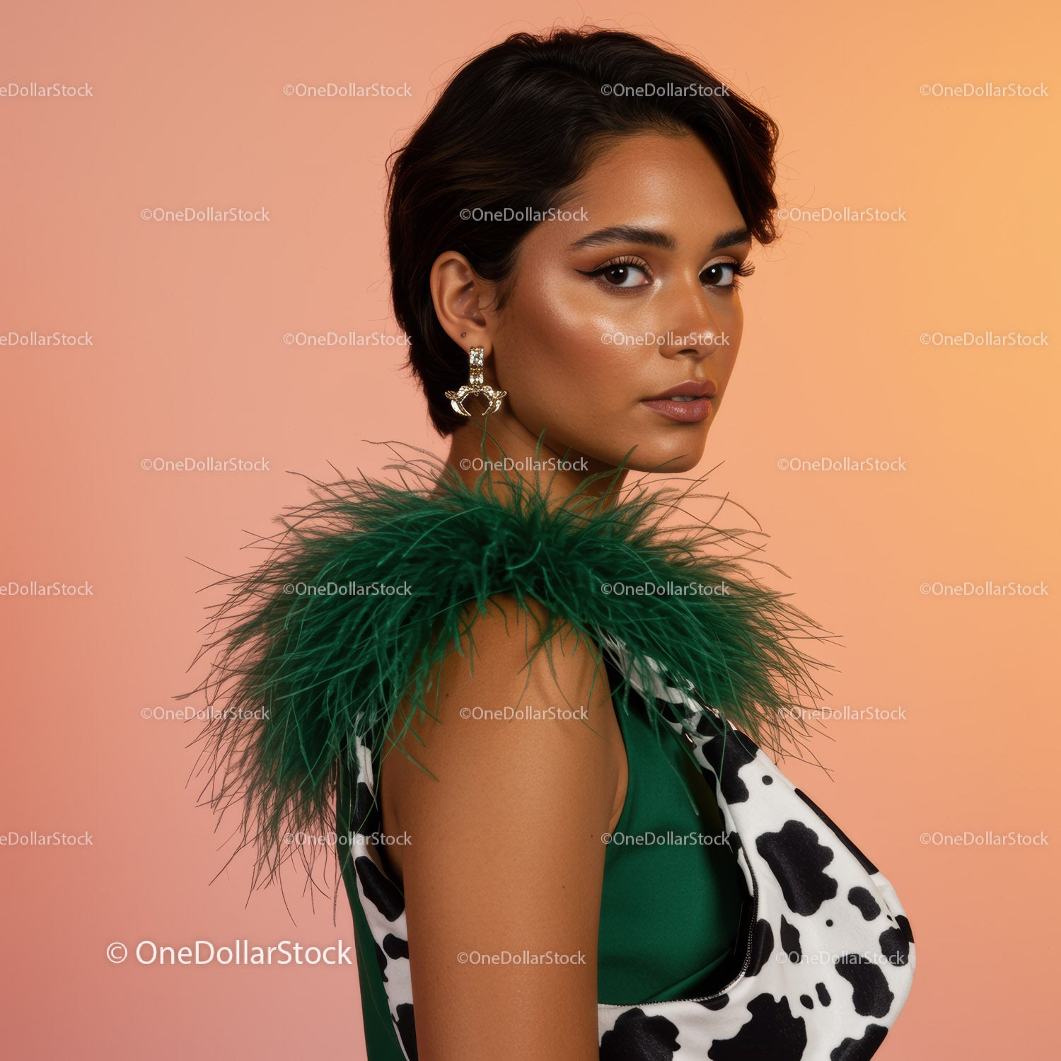 Fashionable Woman with Short Dark Hair in Green Outfit and Feathered Accessory