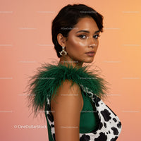 Fashionable Woman with Short Dark Hair in Green Outfit and Feathered Accessory
