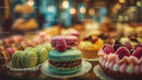 Colorful Macarons and Raspberry-Topped Pastries in Gourmet Bakery Display