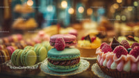 Colorful Macarons and Raspberry-Topped Pastries in Gourmet Bakery Display