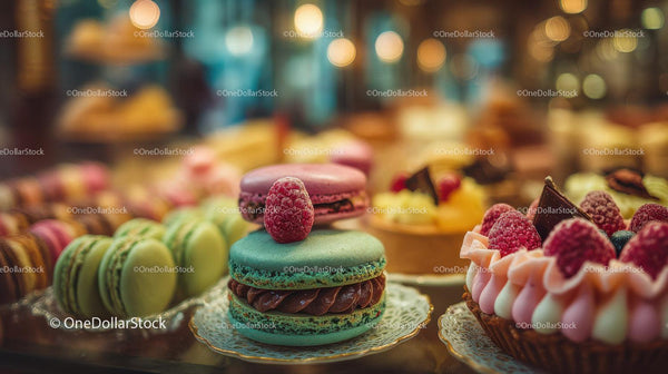 Colorful Macarons and Raspberry-Topped Pastries in Gourmet Bakery Display