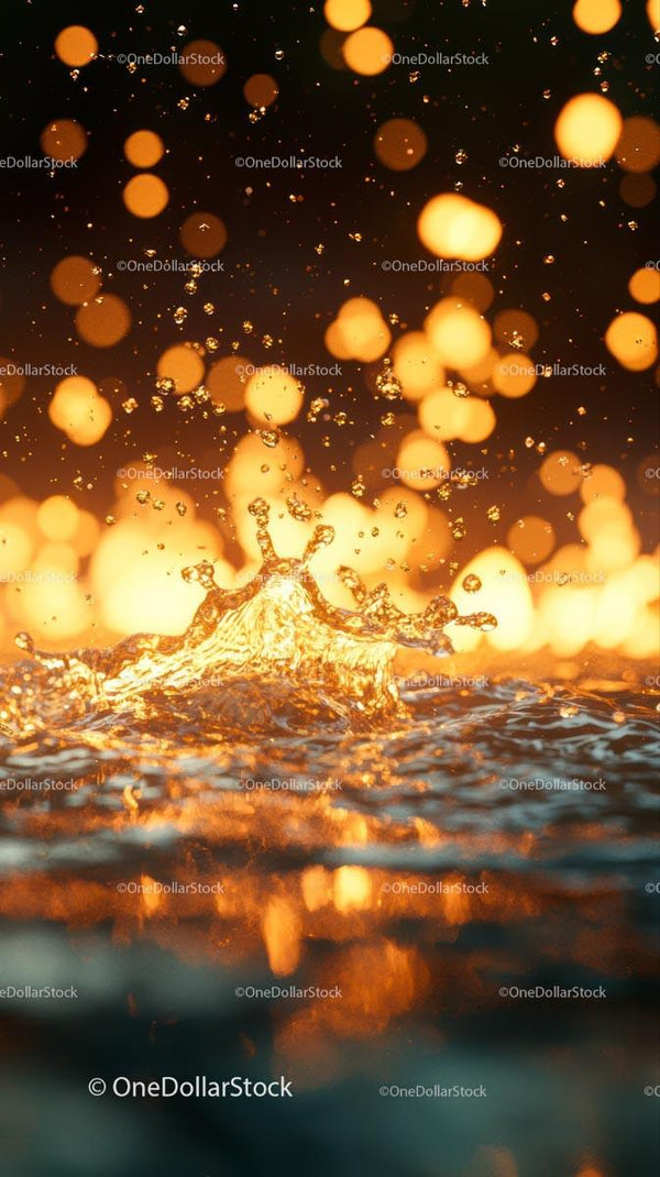Dynamic Water Splash with Golden Bokeh Lights in Night Scene