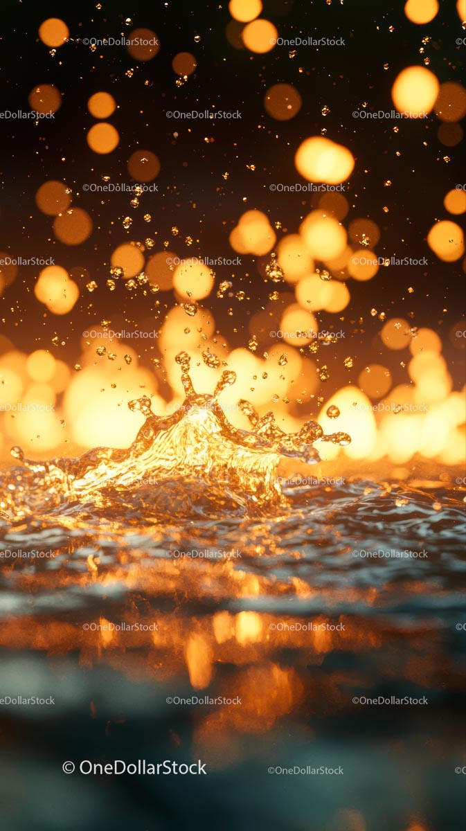 Dynamic Water Splash with Golden Bokeh Lights in Night Scene