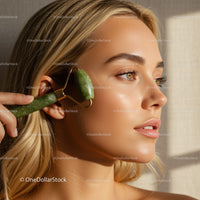 Close Up of a Woman Using a Jade Roller for Facial Skin Rejuvenation