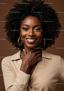 Elegant Black Woman with Curly Hair and Gold Earrings Studio Portrait
