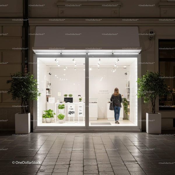 Modern minimalist shopfront with greenery at night JPG Mockup Image