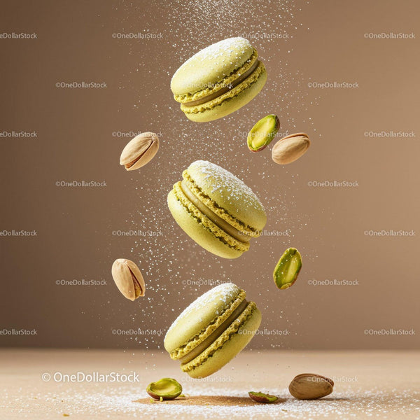 Pistachio macarons with powdered sugar and nuts