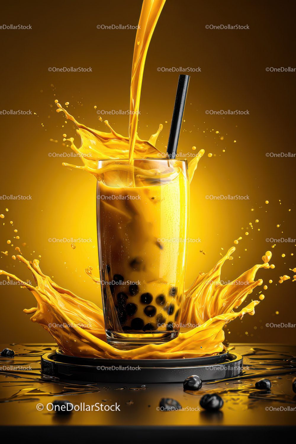 Vibrant Bubble Tea with Black Tapioca Pearls and Splash Effect