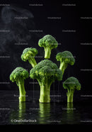 Fresh broccoli florets rising with steam on black surface