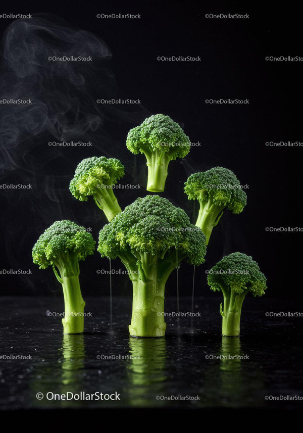 Fresh broccoli florets rising with steam on black surface