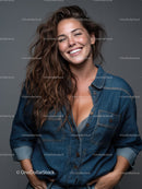 Bright Smiling Woman in Denim Jacket Studio Portrait