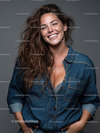 Bright Smiling Woman in Denim Jacket Studio Portrait