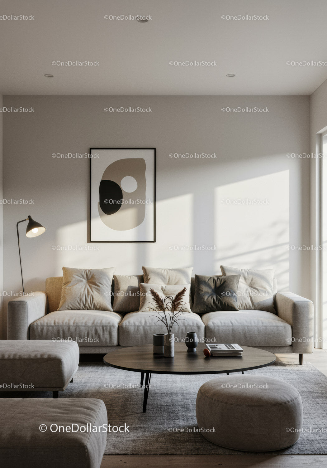 Minimalist Living Room with Abstract Wall Art and Natural Light