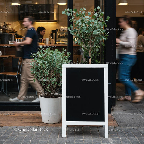 Blank chalkboard sign outside busy urban cafe entrance JPG Mockup Image