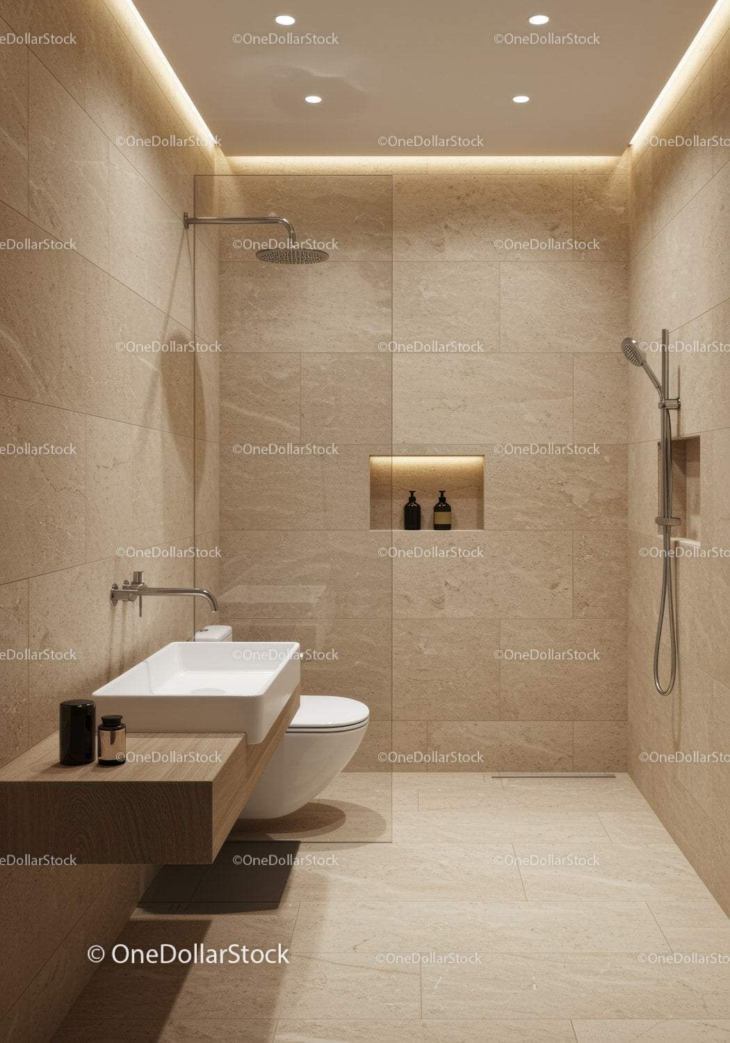 Elegant Contemporary Bathroom with Beige Marble Tiles and Modern Fixtures