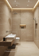 Elegant Contemporary Bathroom with Beige Marble Tiles and Modern Fixtures