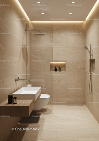 Elegant Contemporary Bathroom with Beige Marble Tiles and Modern Fixtures