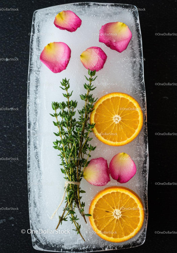 Fresh thyme and citrus arrangement with rose petals on ice