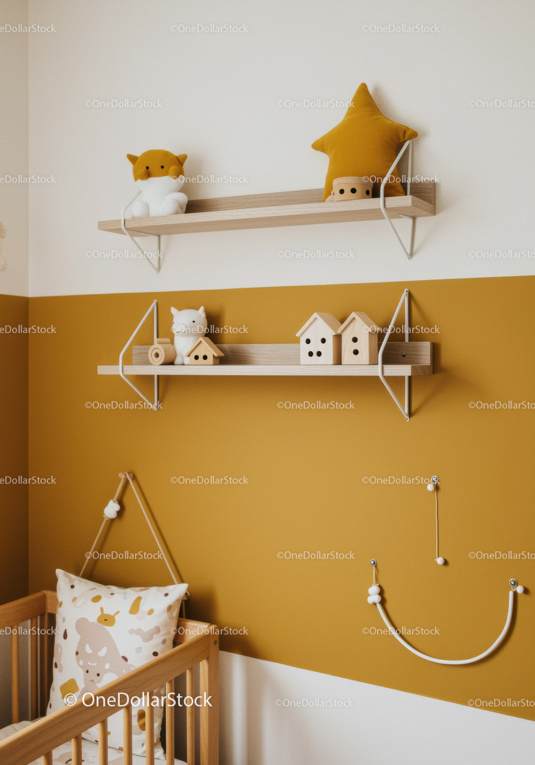 Modern Baby Nursery with Wooden Shelves and Plush Toys