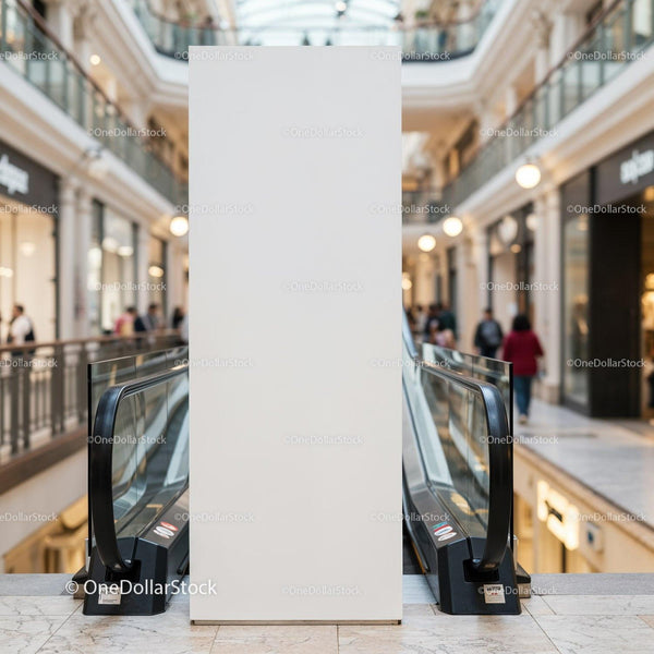 Blank vertical banner between escalators in shopping mall JPG Mockup Image