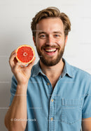 Smiling Man with Half Grapefruit in Casual Denim Shirt