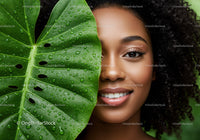 Smiling Woman with Curly Hair and Green Tropical Leaf in Lush Nature