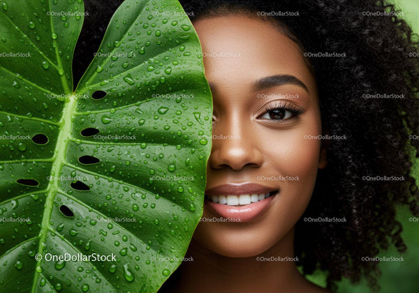 Smiling Woman with Curly Hair and Green Tropical Leaf in Lush Nature