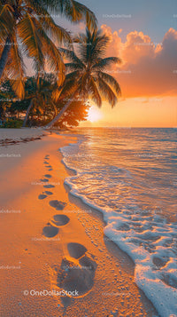 Scenic Tropical Beach Sunset with Palm Trees and Ocean Waves