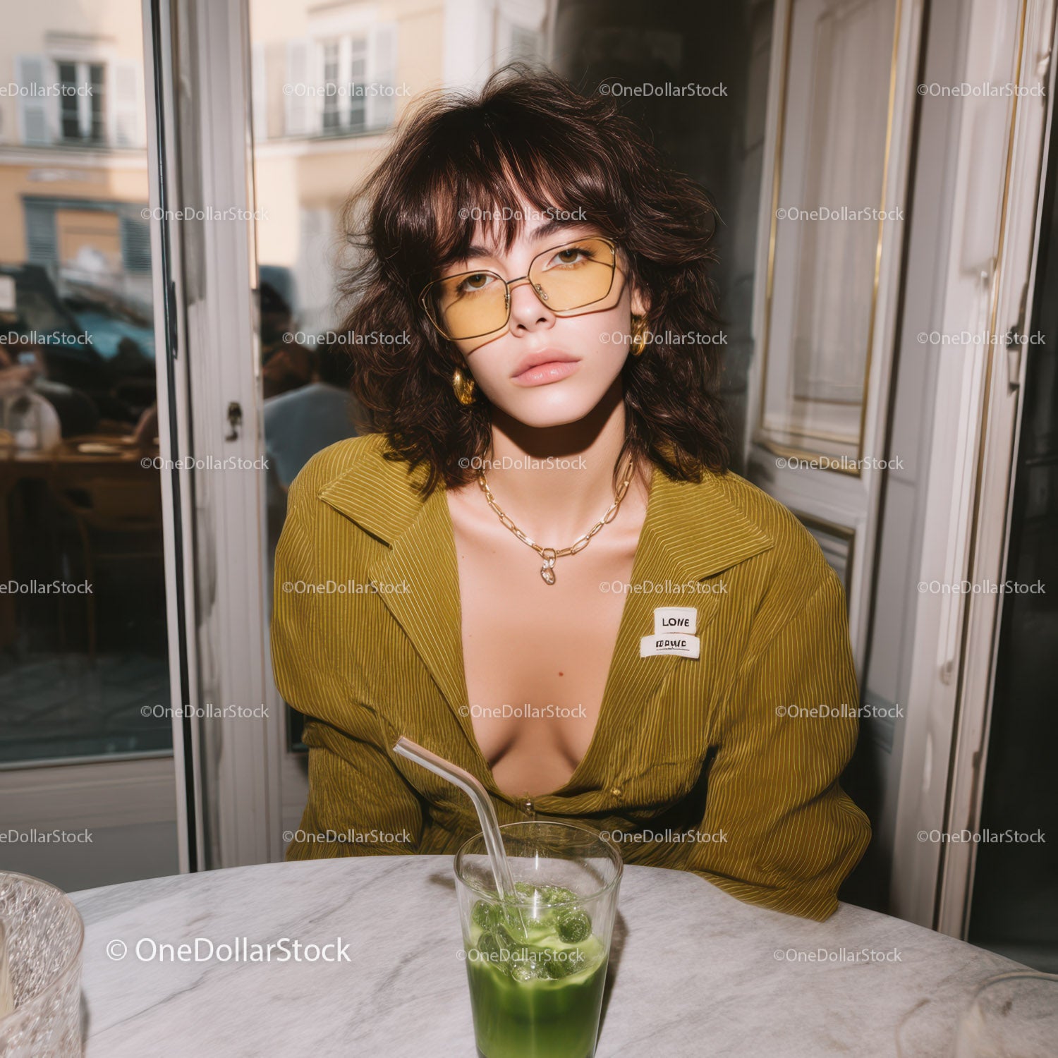 Fashionable Woman with Green Drink in Modern Cafe Setting
