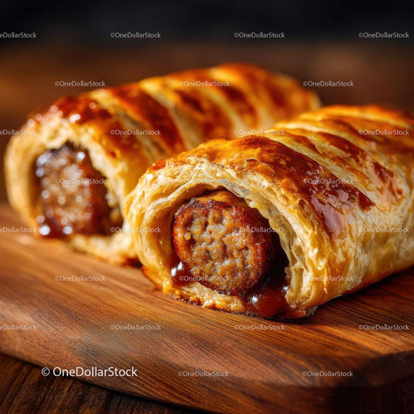 Meatball Wrapped in Flaky Pastry with Rich Sauce on Wooden Board