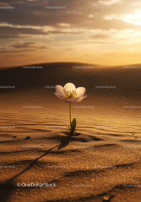 Single white flower blooming in sandy desert dunes