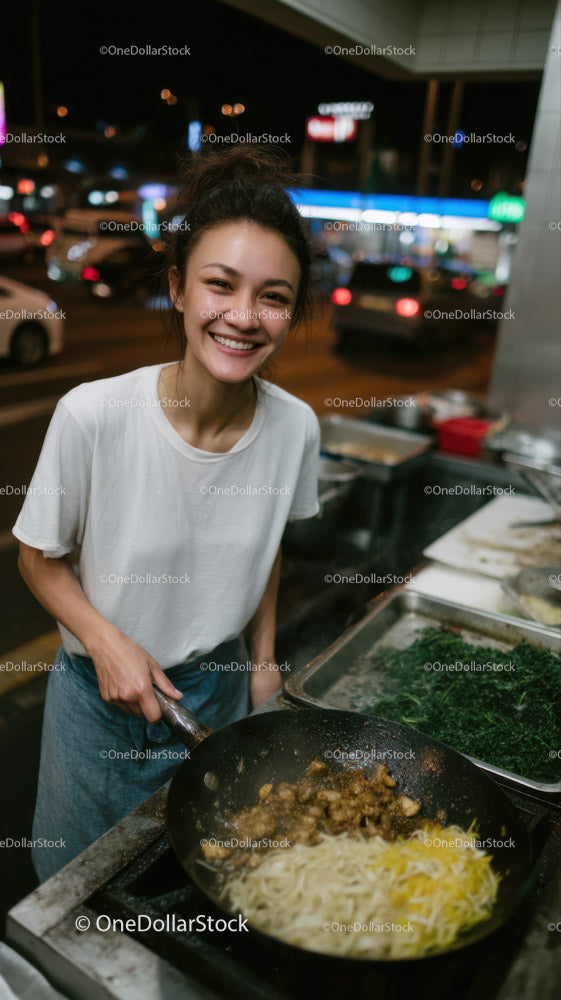 Stir-fried Noodles in a Street Market with Bustling Atmosphere
