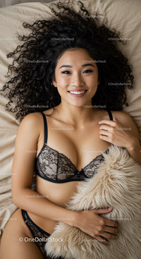 Smiling Woman with Curly Hair Lying on Bed in Lace Lingerie